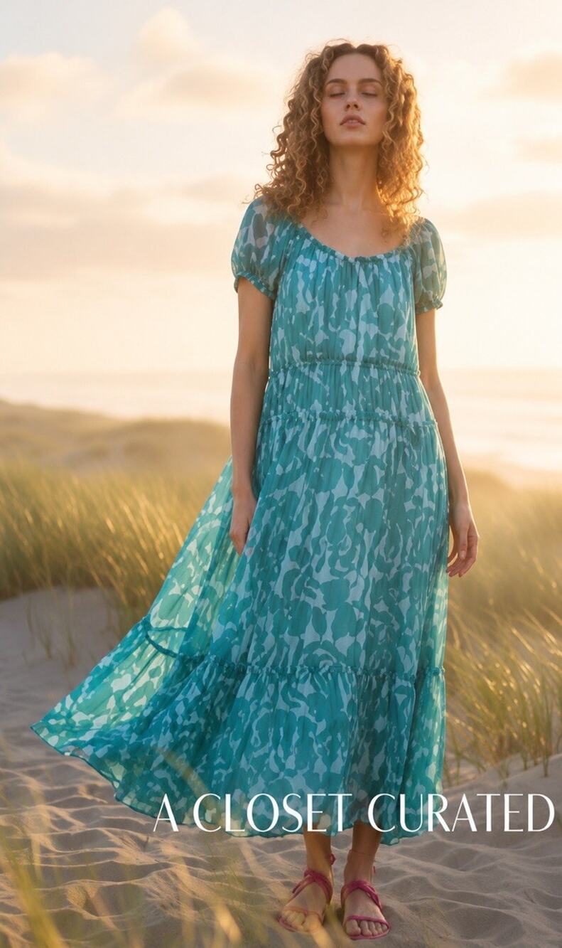 La Ligne 100% Silk Teal Print Maxi Dress XS Lined Tassel Tie Resort